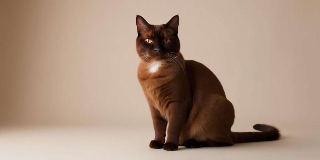 A beautiful Burmese cat with a shiny coat and golden eyes sitting gracefully indoors.