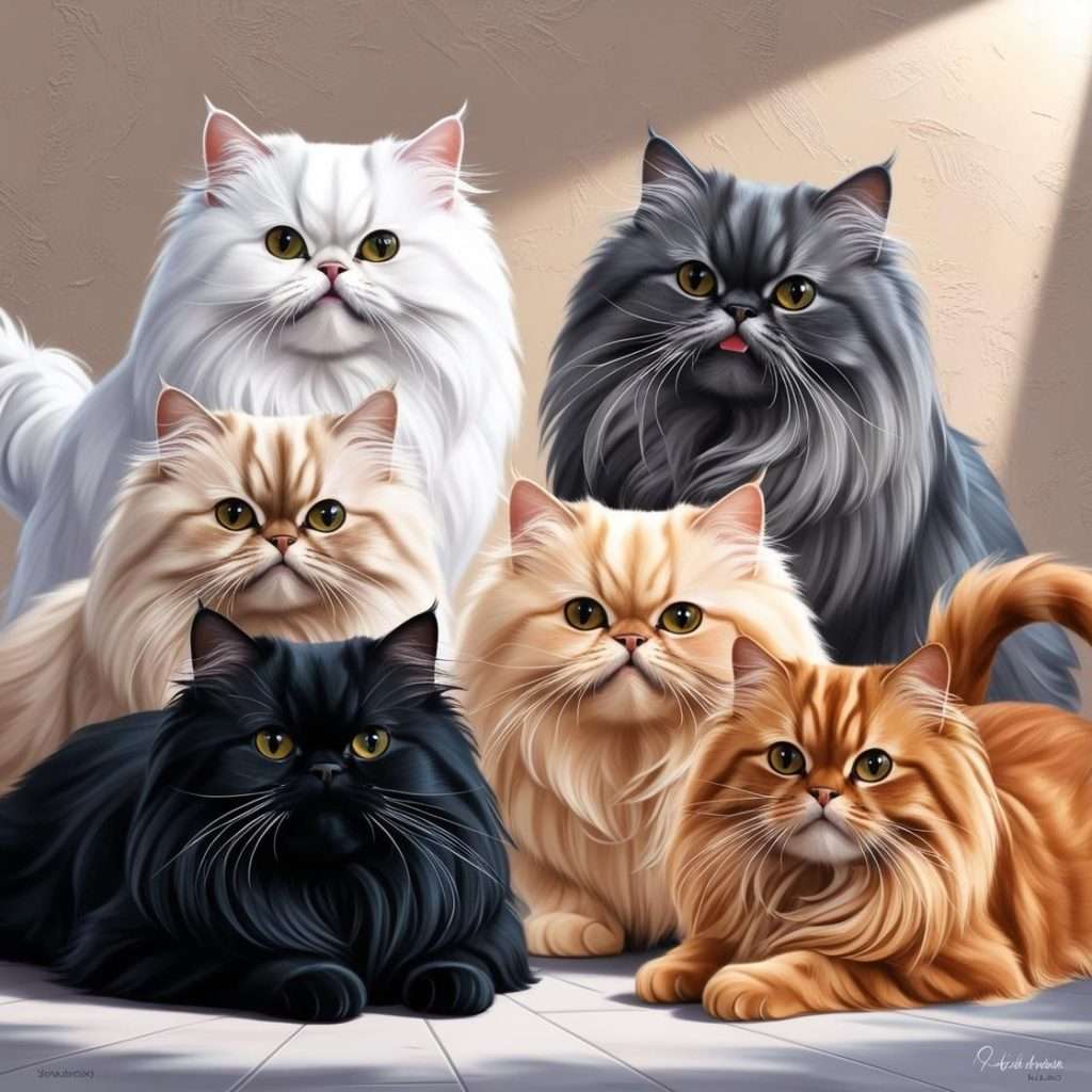 Persian-cats-colors Collage of Persian cats with different coat colors, including white, blue, cream, and golden.