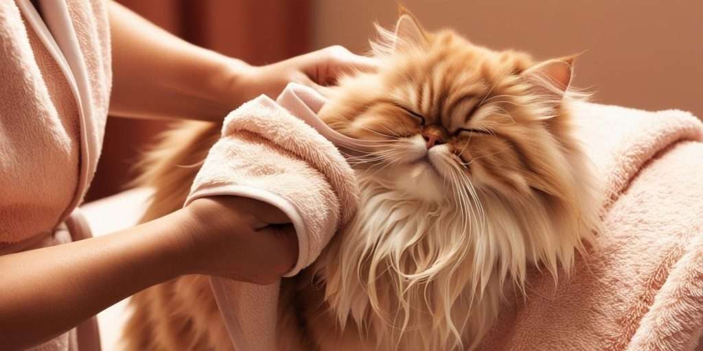 bathing-persian-cat Persian cat being gently bathed by its owner with a mild cat shampoo