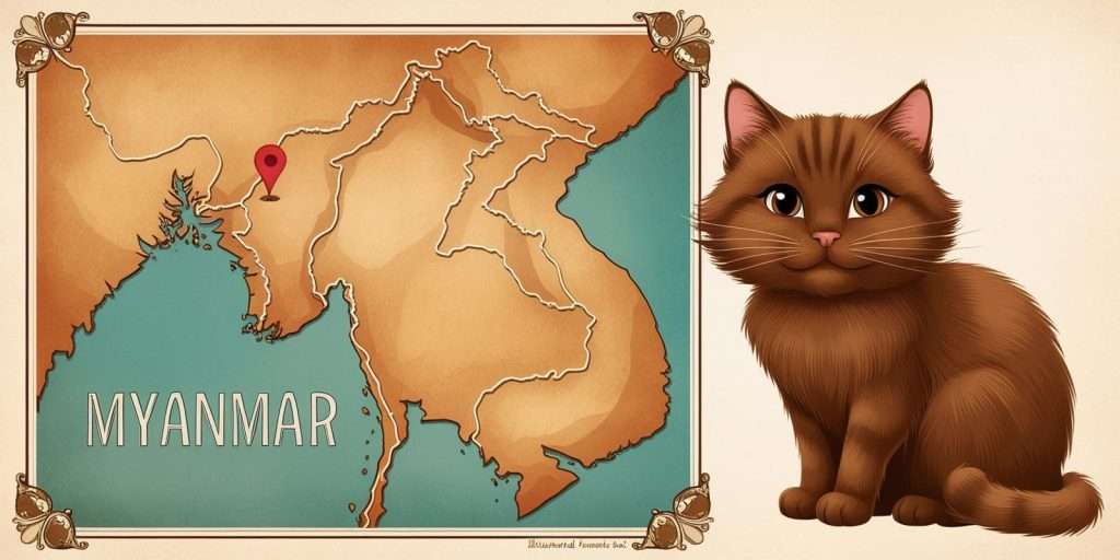 burmese-cat-history Illustration showing the origin of Burmese cats from Burma (Myanmar) with a playful cat image