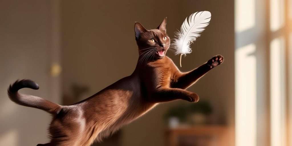 burmese-cat-play A playful Burmese cat jumping to catch a feather toy in mid-air