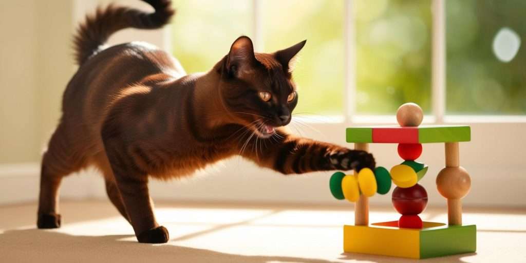 burmese-cat-toys A Burmese cat playing with a puzzle toy, showing its playful and intelligent nature.