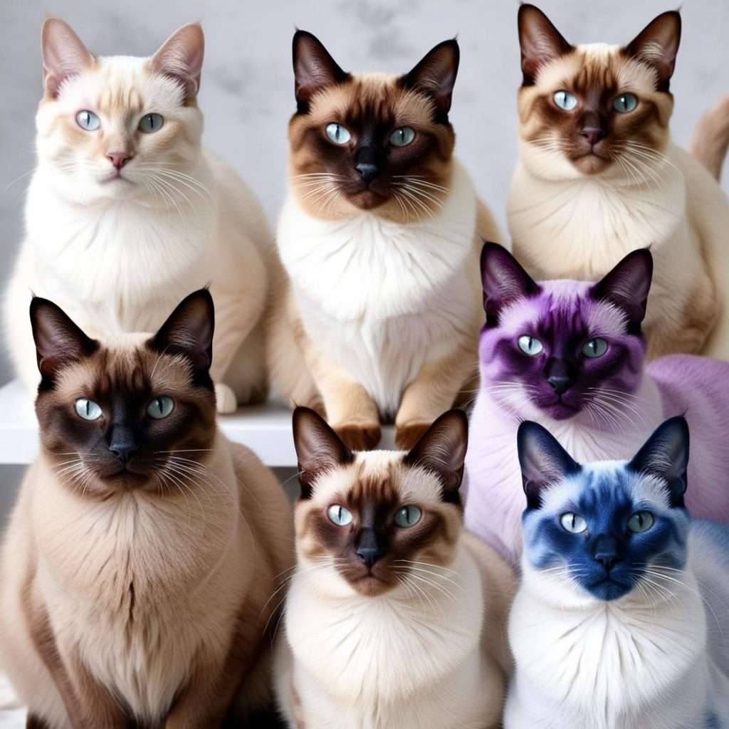 Variety of Siamese cat coat colors, including chocolate, lilac, and blue