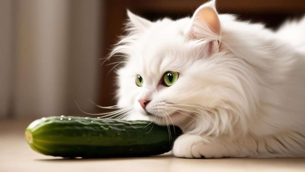 A curious cat sniffing a slice of cucumber on the floor