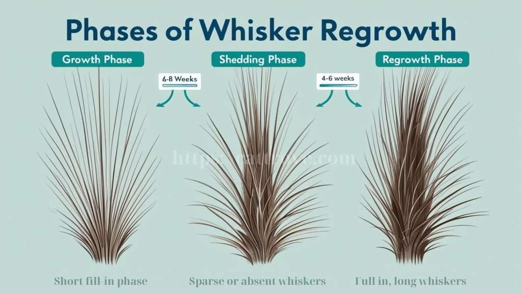 Infographic showing the life cycle of a cat whisker, from shedding to regrowth
