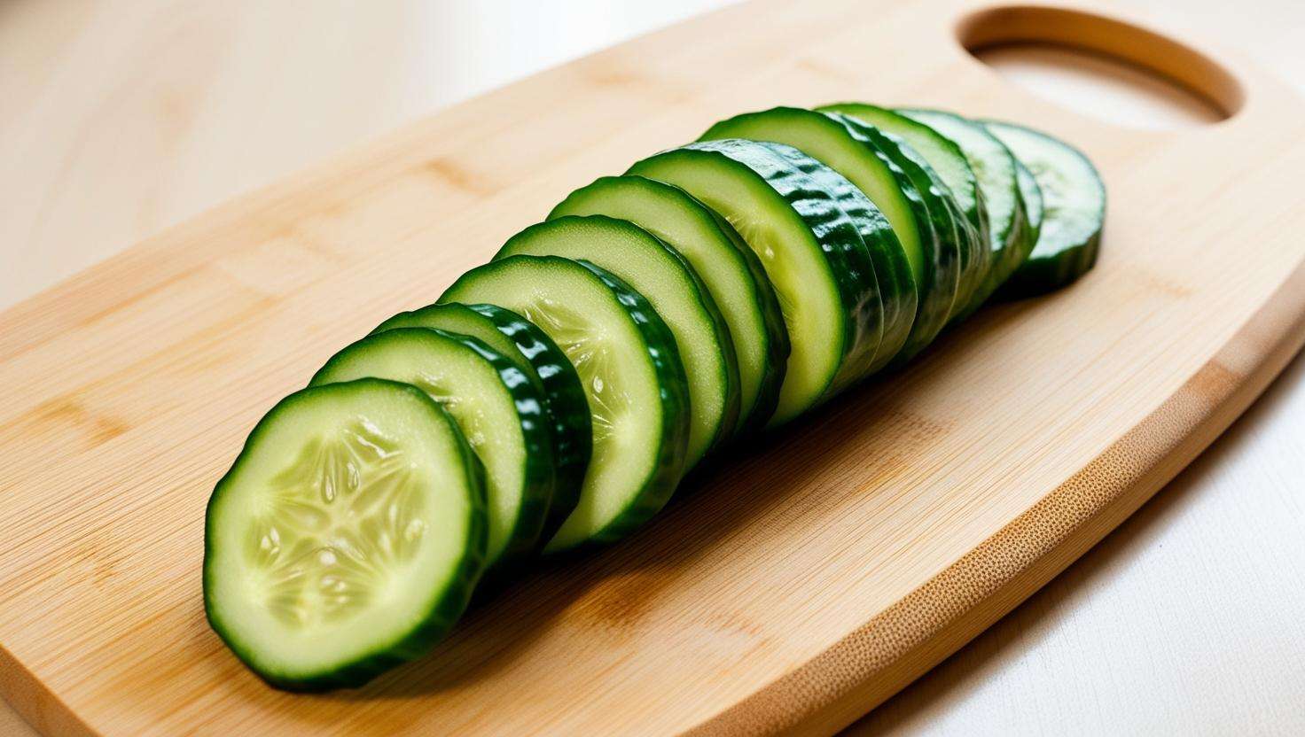 Fresh cucumber on a cutting board, sliced into thin pieces