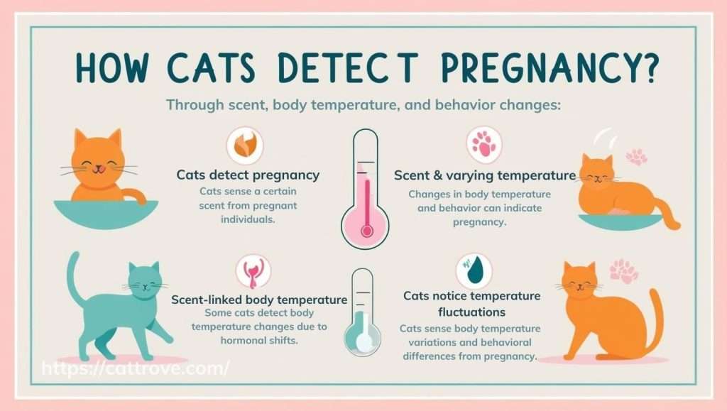 how-cats-sense-pregnancy-infographic Infographic explaining how cats detect pregnancy through scent, body temperature, and behavior changes