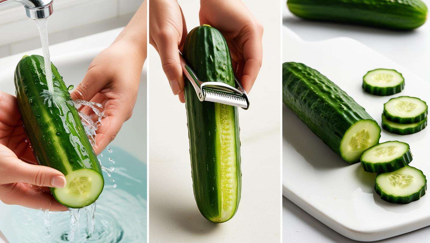 Step-by-step collage showing how to feed cucumbers to cats: washing a cucumber under water, peeling the skin, slicing it into small pieces, and serving it in a dish