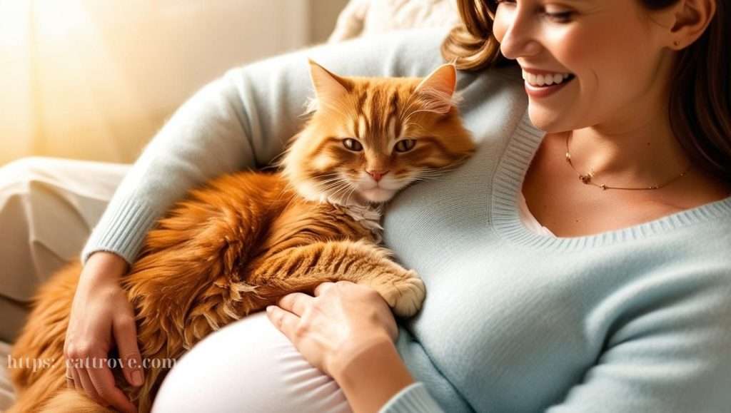 pregnant-woman-with-cat (2) A pregnant woman sitting with her cat, which appears more affectionate