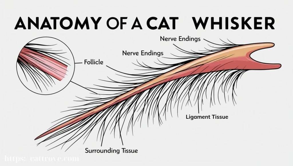 Diagram showing the anatomy of a cat whisker, including the follicle and nerve endings