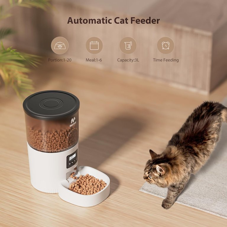 Automatic Cat Feeders, 3L Timed Cat Dry Food Dispenser, Dual Power Supply, Programmable Portion Size, Auto Pet Feeder for Cats and Small Dogs
Visit the IMIPAW Store
4.4 4.4 out of 5 stars   (3,437)
7K+ bought in past month
Limited time deal
$29.98 with 17 percent savings-17% $29.98
List Price: $35.99List Price: $35.99 
FREE Returns 
Thank you for being an Amazon customer. Get a $50 Amazon Gift Card upon approval for Amazon Visa.
Available at a lower price from other sellers that may not offer free Prime shipping.
Size: 3L
3L
$29.98 with 17 percent savings$29.98
$35.99
5L
$41.59 with 20 percent savings$41.59
$51.99
Color: White
Black
White
White Black
Bundles with this item

Automatic Cat Feeders and 6-Pack Desiccant BagsAutomatic Cat Feeders and 6-Pack Desiccant…
-9% $39.99

IMIPAW Automatic Cat Feeder with Stainless Steel BowlIMIPAW Automatic Cat Feeder with Stainless…
-7% $41.99
Was: $44.98

Automatic Cat Feeder and Water FountainAutomatic Cat Feeder and Water Fountain
-24% $49.99
List: $65.98
Next page
See all bundles
Material	Acrylonitrile Butadiene Styrene
Recommended Uses For Product	Dry Food, Feeding
Style	Automatic
Target Species	Cat
Brand	IMIPAW
About this item
Programmable Timed Feeding: The IMIPAW Automatic Cat Feeders helps you create a personalized, healthy feeding schedule for your pet. The 12-hour clock is easy to program and understand. You can set up multiple meals per day, and set up as many servings as your pet needs (1 serving is 7-9 grams)
Easy to Use & Maintain: IMIPAW Auto Cat Feeder inbuilt LCD screen allows quick setup and press both UP & DOWN together to manually dispense 1 portion; Proper angle so that food will not accumulate in the food outlet, and the cat food tray are removable for cleaning. The secure lid lock design prevents pets from getting food
Appropriate Capacity food Storage: The 3L/12 cup (1 cup = 16 tbsp) food storage will keep most pets comfortably fed for several days. The automatic cat food dispenser easily feeds your cat or puppy during long weekends and short business trips. Keep your pet well-fed, happy, and giving you peace of mind
Dual Power Supply & Anti-Clogging Design. 5V DC adapter + 3 alkaline D-cell batteries (NOT INCLUDED), our automatic pet feeder for medium and small pets adopted the latest power system to prevent power outages, thus ensuring a constant food supply for your beloved pets
Satisfaction Guaranteed: We always try to make sure you get the best quality and strive to ensure user comfort and satisfaction. If you have any problems while using this timed cat feeder, please contact us for specific instructions