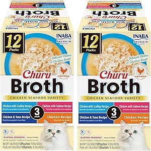 INABA Churu Broth for Cats, Side Dish Pouch, 1.4 Ounces per Pouch, 12 Pouches, Chicken & Seafood Variety