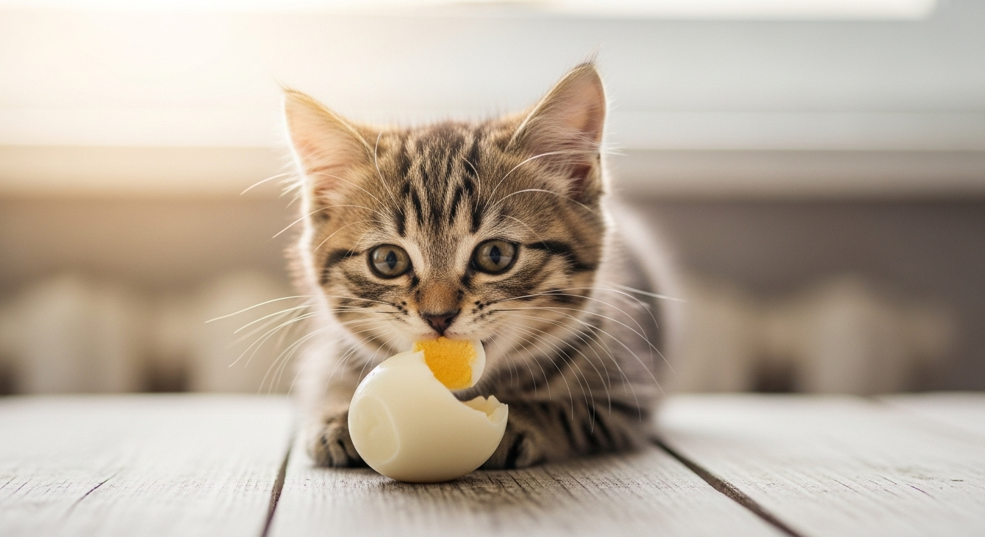 cat eats Boiled Eggs.279Z cat eats Boiled Eggs