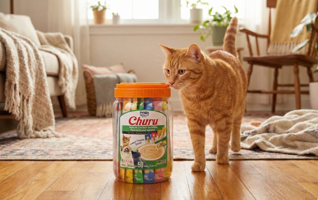 A clear plastic jar containing 50 individual tubes of Inaba Churu Tuna & Chicken Varieties creamy cat treats, featuring three cats on the front label.