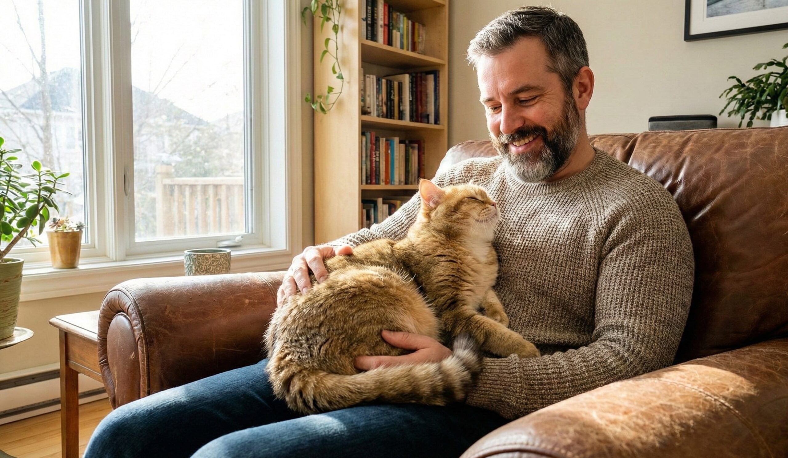 A bearded man in a brown sweater sits in a leather armchair, smiling and cuddling a large orange tabby cat on his lap in a cozy living room.
