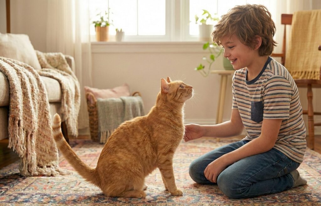 An orange tabby cat with its tail up leaps towards a smaller grey kitten, both playing on a sunlit grassy lawn.