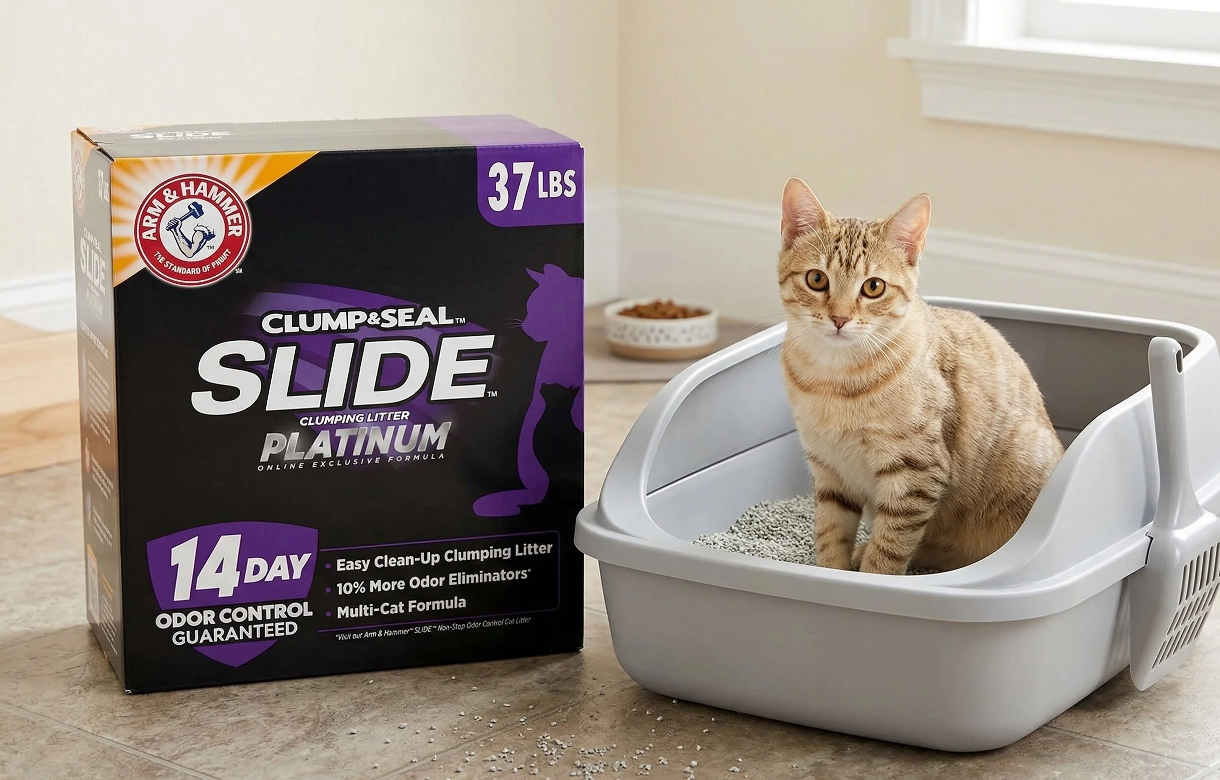 ARM-_-HAMMER-Clumping-Cat-Litter with a yellow cat