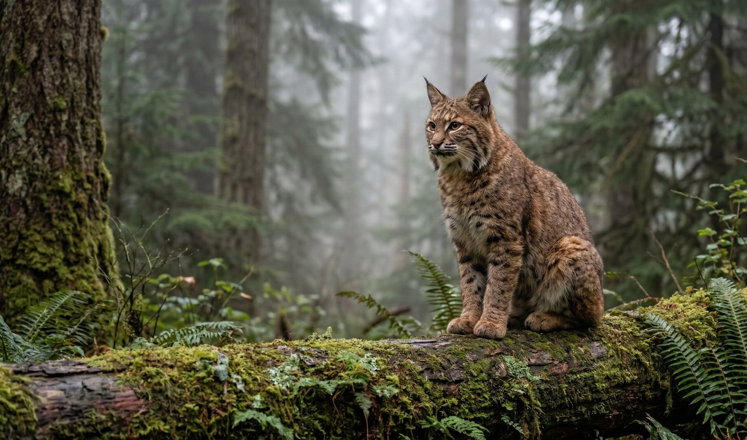 A wild Bobcat in a forest, a common wild cat species found throughout the United States.