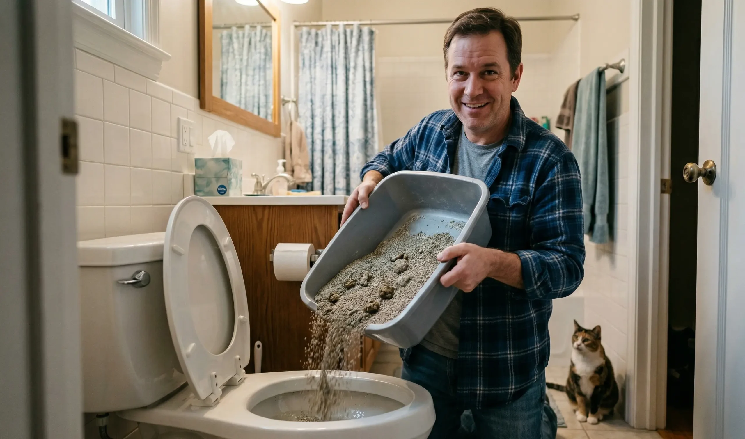 a man is flushing cat litter down the toilet