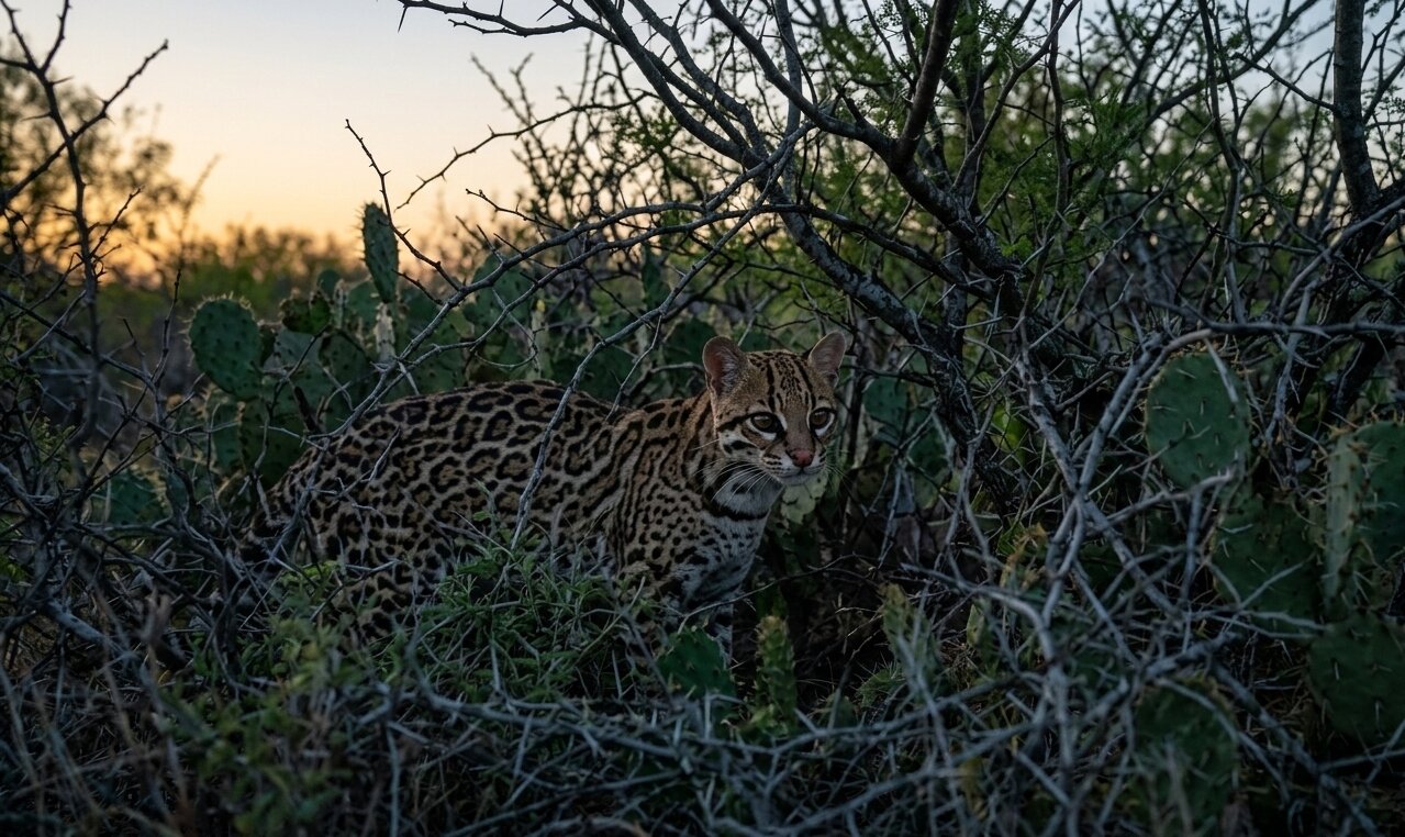 An endangered Ocelot cat in its natural South Texas brush habitat.