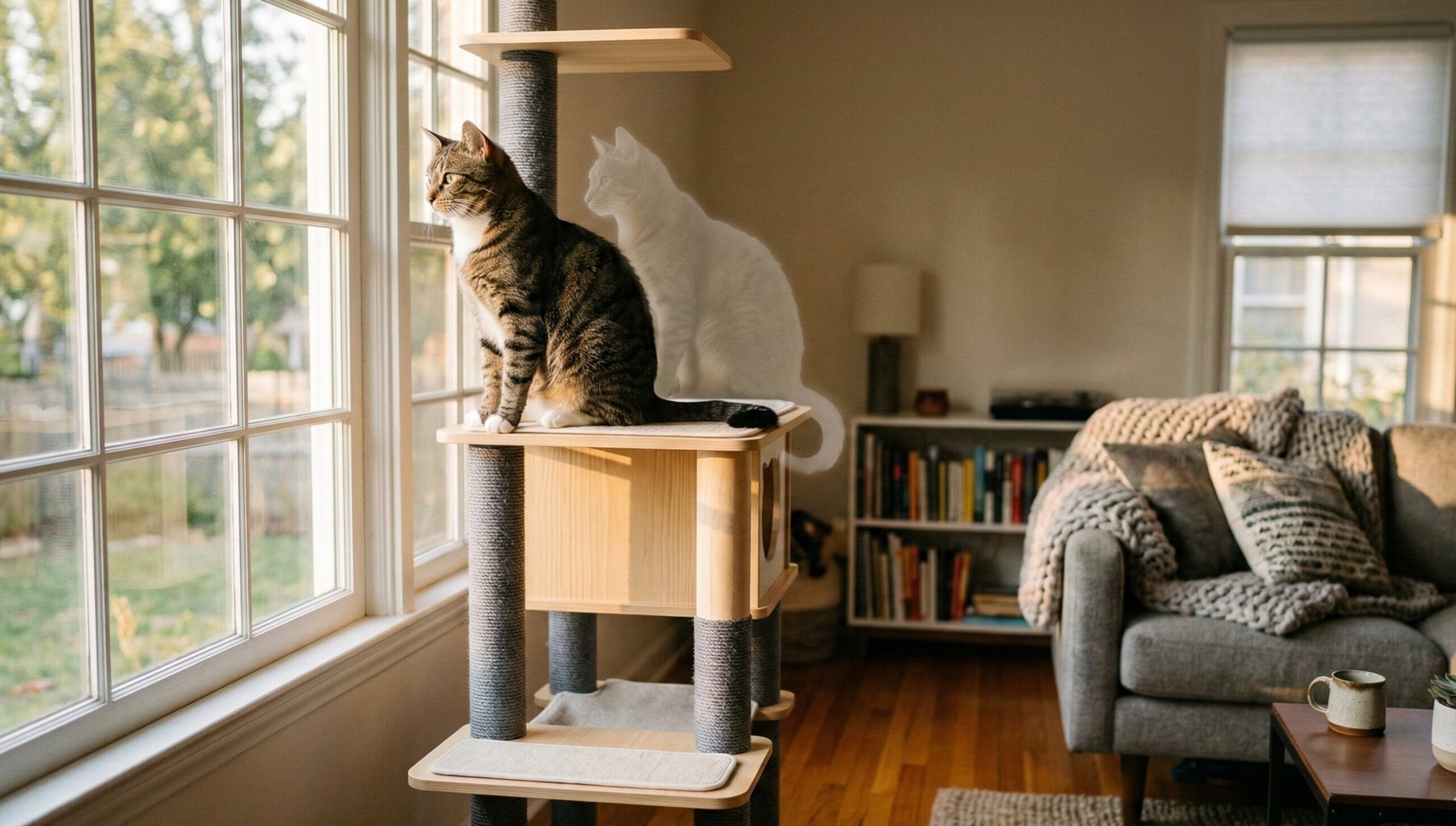 A domestic tabby cat on a cat tree with a silhouette of its wild ancestor, illustrating the genetic connection of all felids.