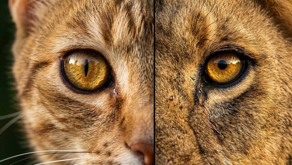 Macro comparison of a domestic cat eye and a lion eye showing the unique biological vision traits of the felids family.