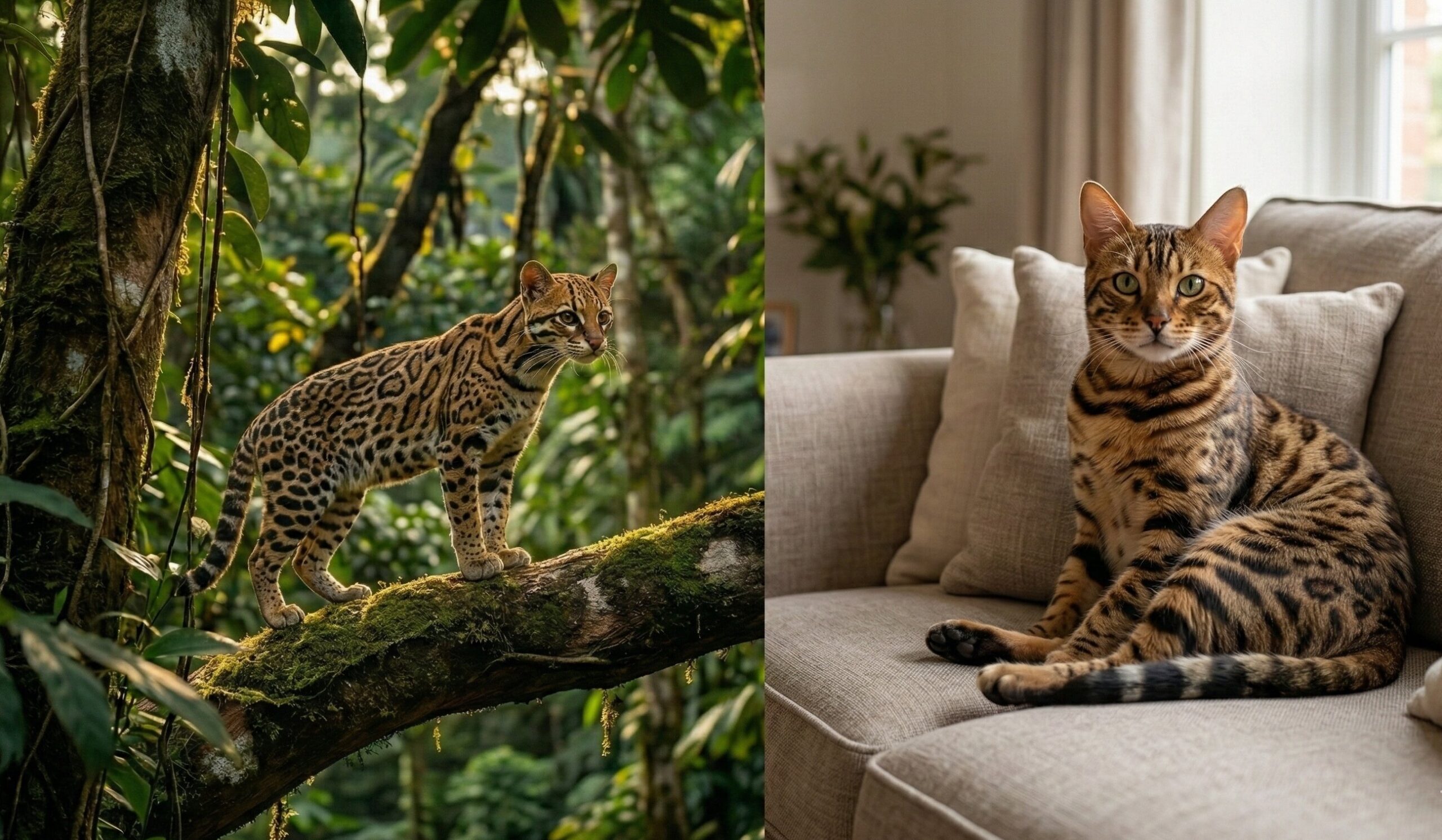 Comparison of a wild Ocelot and a domestic Bengal cat to show why wild cats don't make good pets.