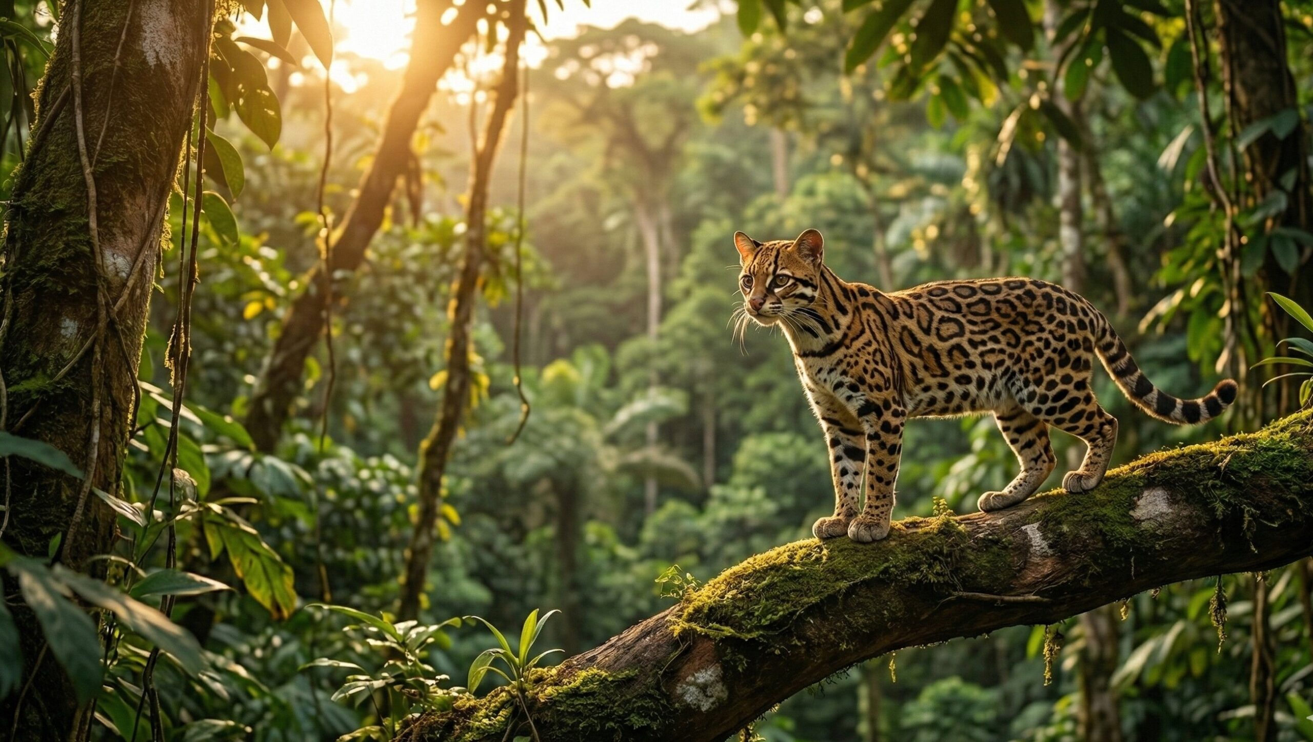 A wild Ocelot cat with beautiful chain-like spots standing on a tree branch in a rainforest.