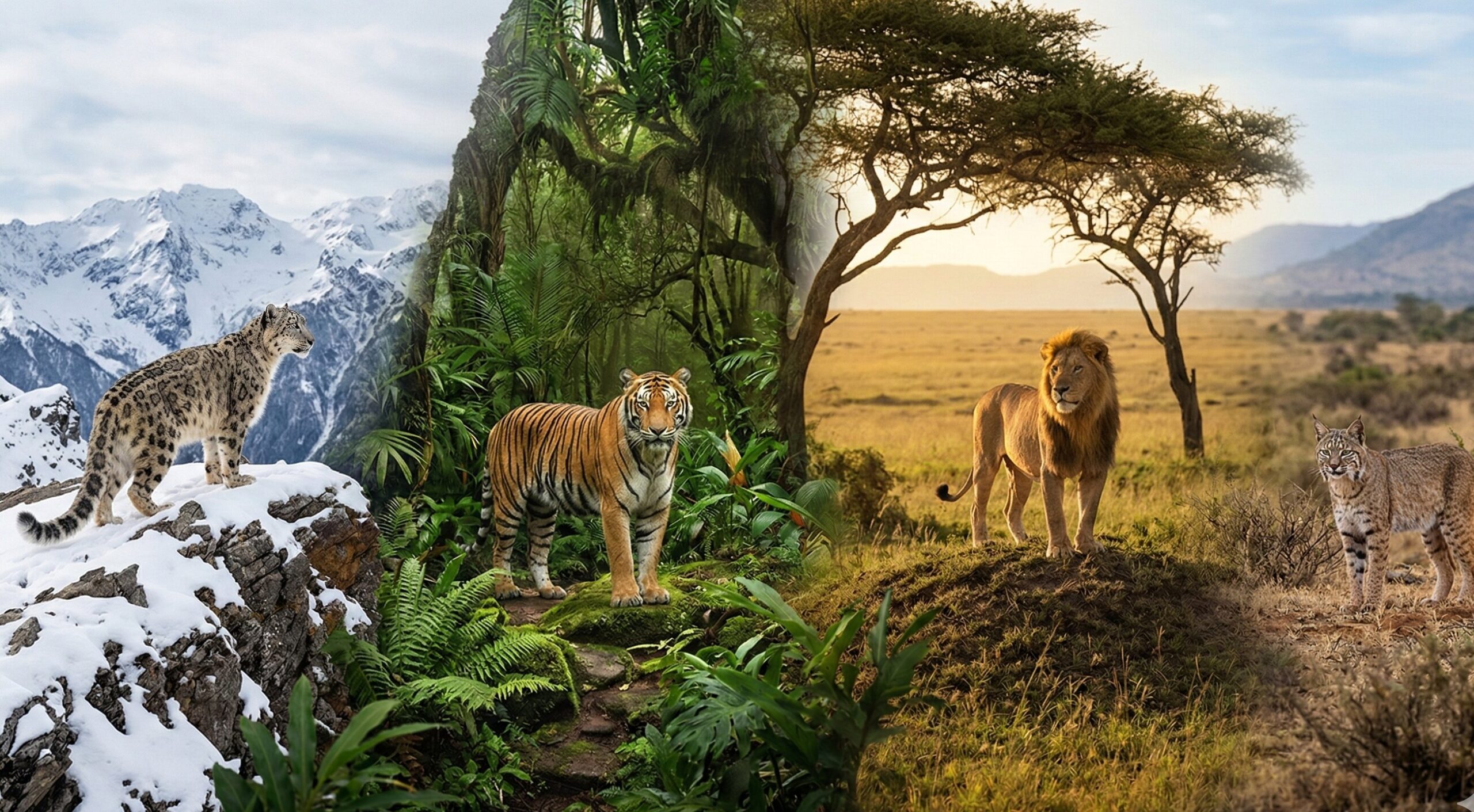 A majestic collage of 15 wild cat species showcasing the diversity of the Felidae family from tigers to small cats
