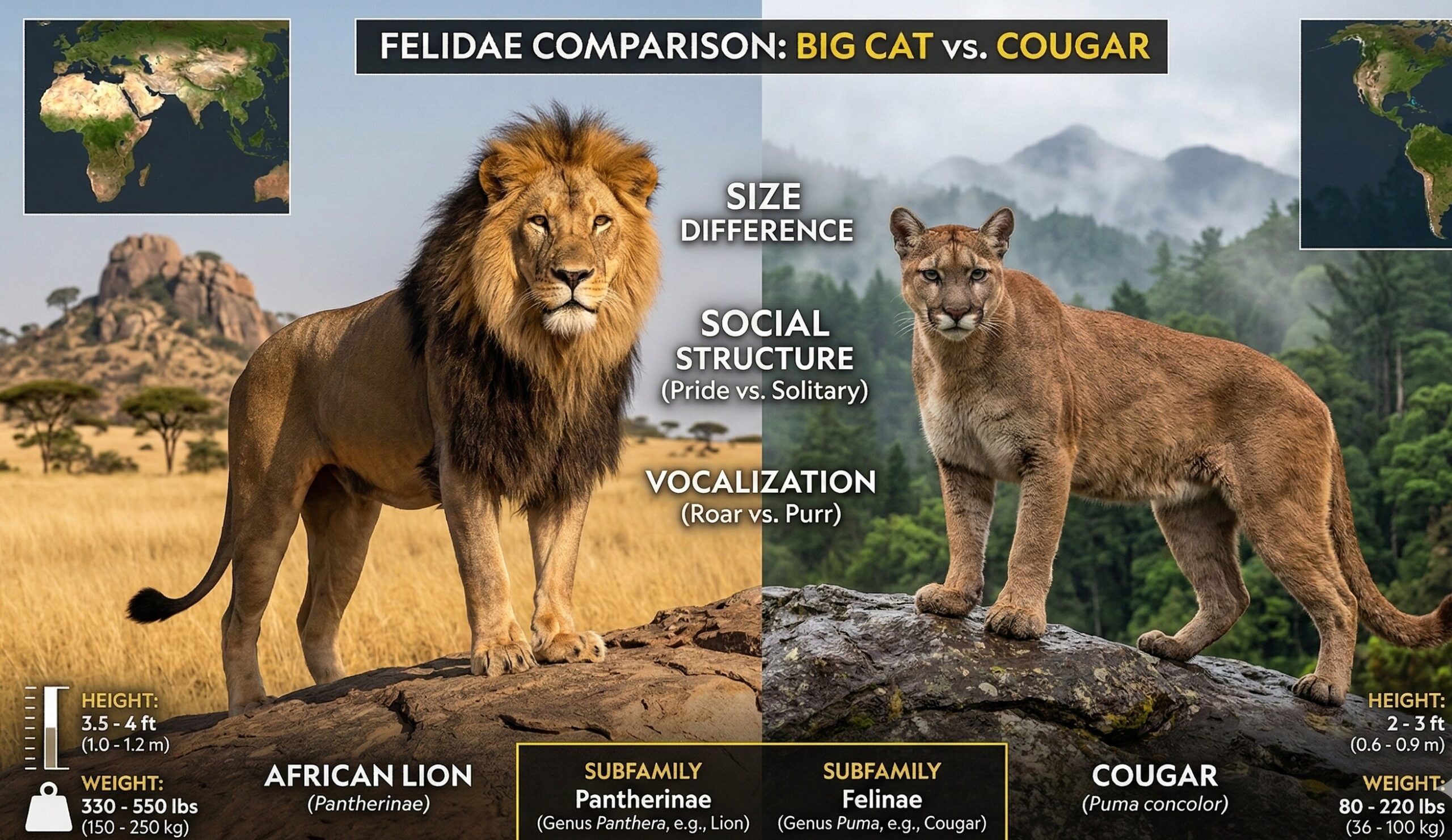 A visual comparison of a lion representing big cats and a cougar representing small cats to explain felids classification.