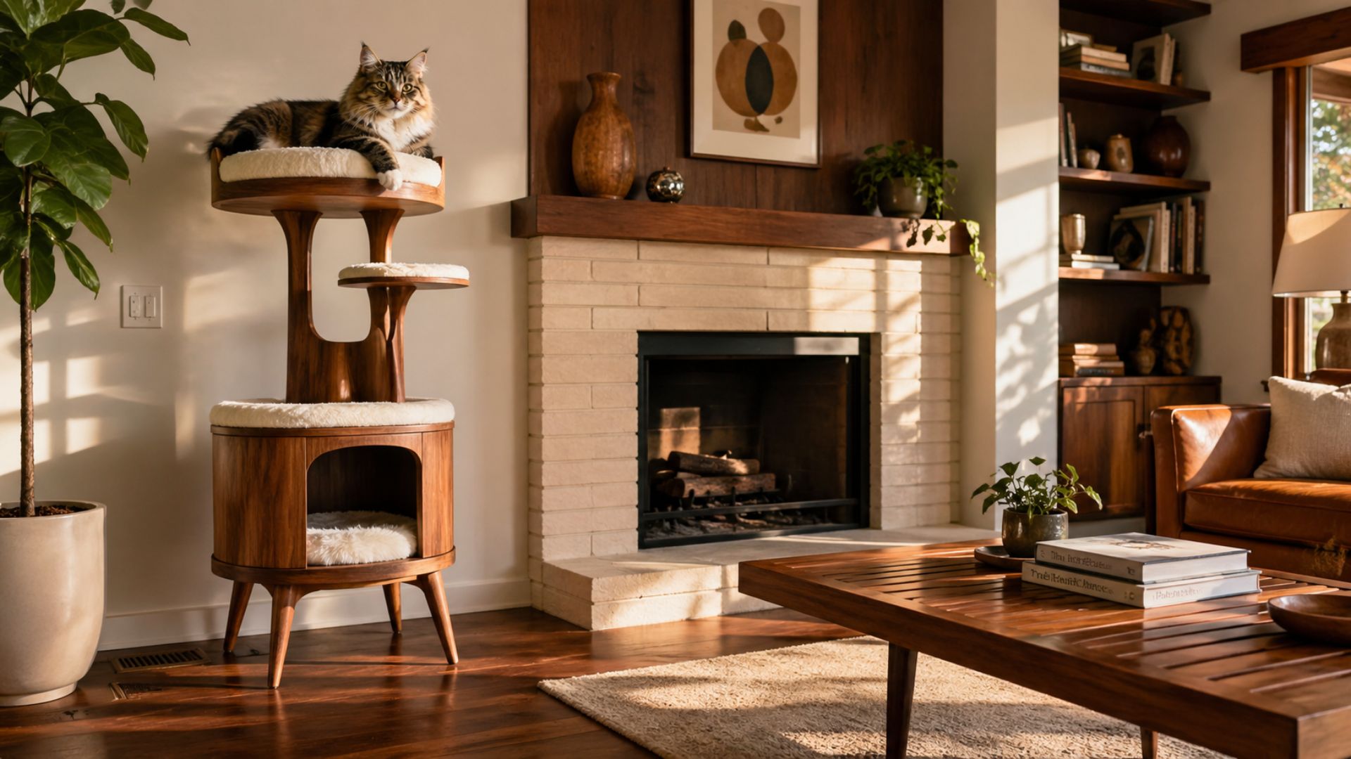 Luxurious Mid-Century Modern living room featuring stylish natural wood cat furniture