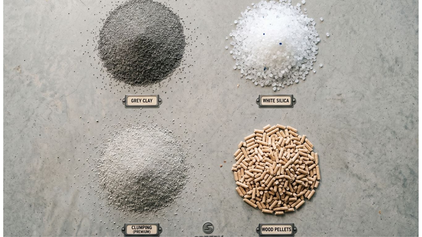 Comparison of different cat litter types including clay, silica gel, and clumping litter for cleaning oil stains.