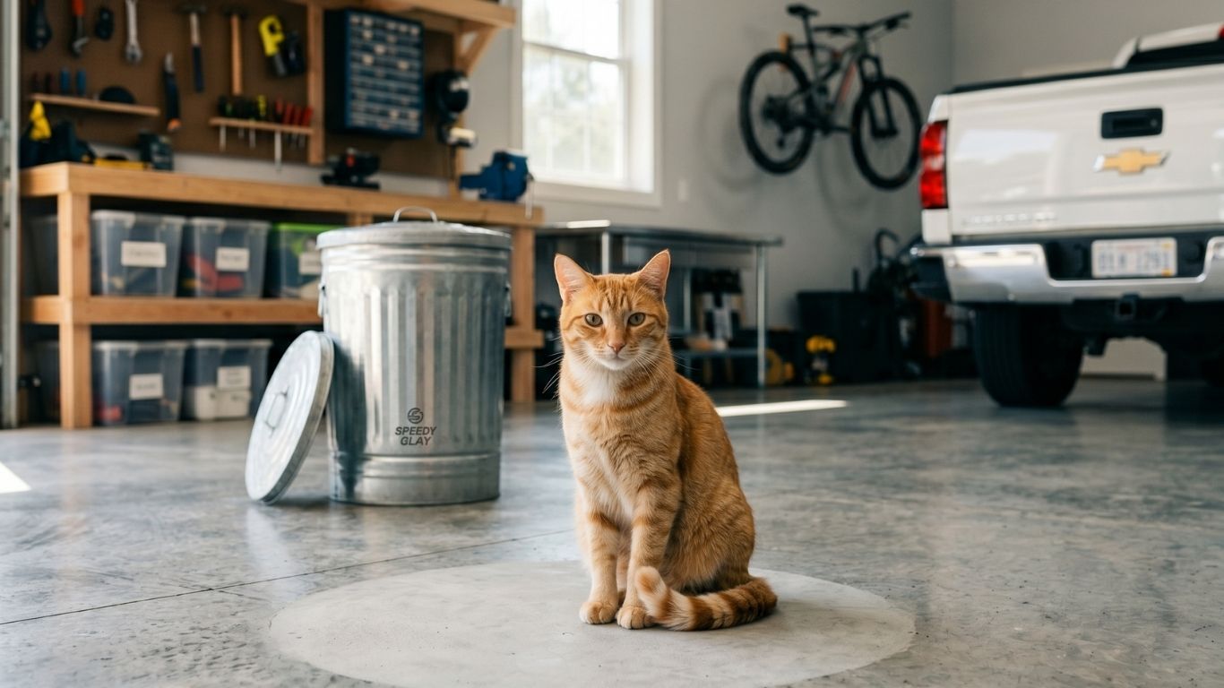 Proper disposal of oil-soaked cat litter in a sealed container following EPA safety guidelines.