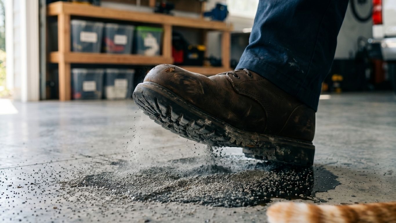Close-up of the grinding technique: pulverizing cat litter into a fine powder to absorb deep oil stains on concrete.