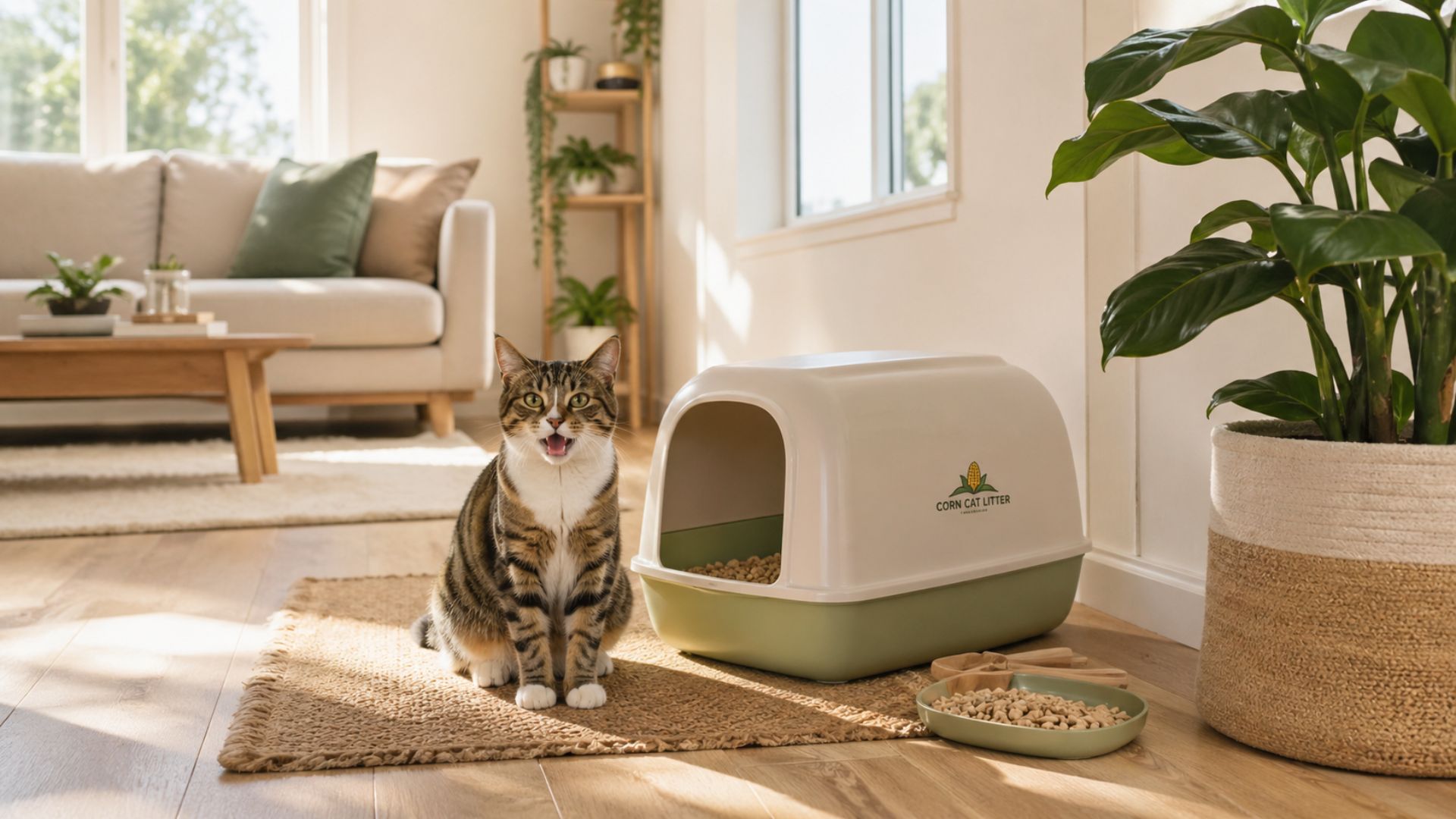 maize cat litter in a modern home with a cat using a clean litter box