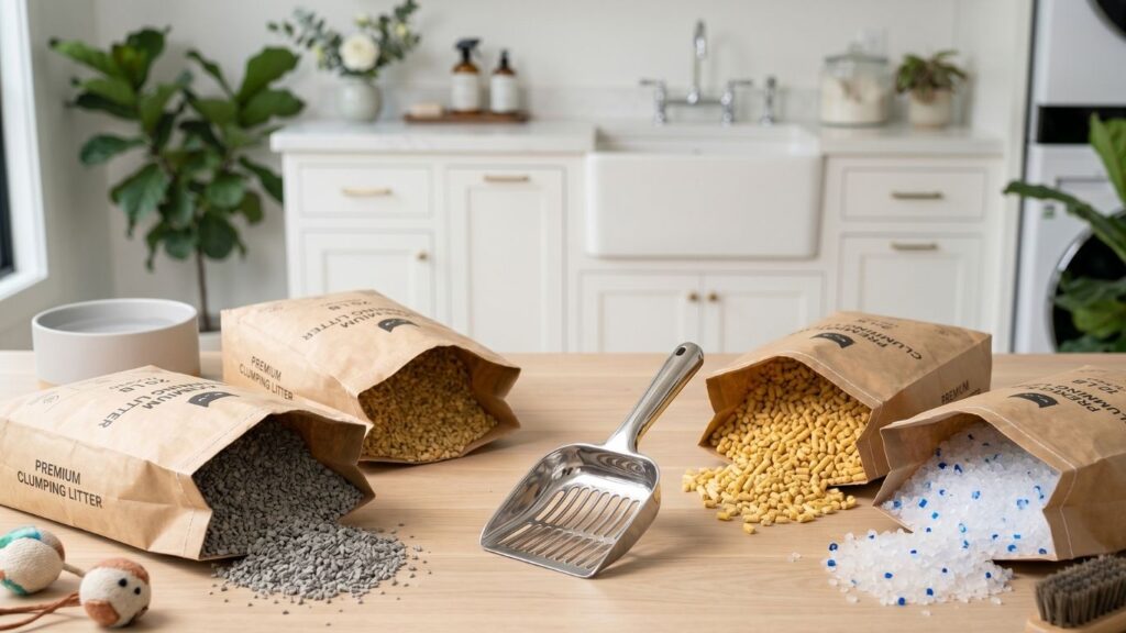 A curated selection of different bulk cat litter types including clay, corn-based, and silica crystals for multi-cat homes.