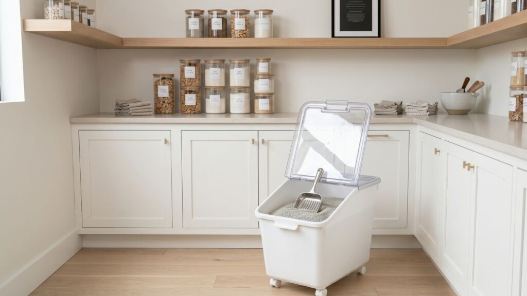 A white airtight rolling bin filled with cat litter next to a heavy 50 lb bag, showing how to manage bulk litter easily.