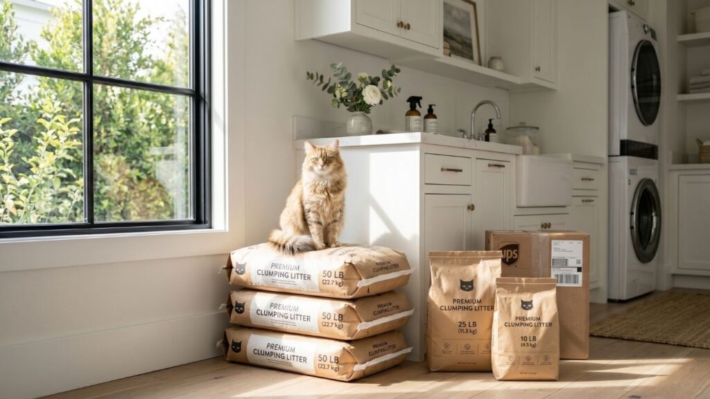Comparison of a 50 lb cat litter bag vs two 25 lb bags on a wooden floor to illustrate shipping fee thresholds.