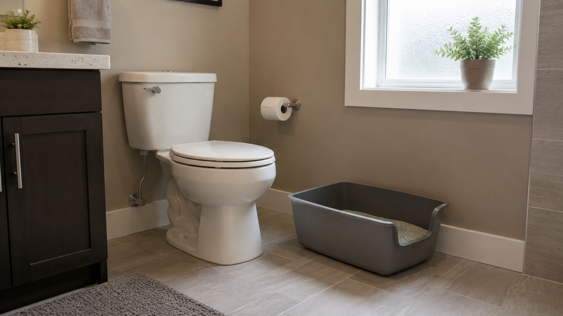 Can you flush cat litter - cat litter box next to a toilet in a modern bathroom