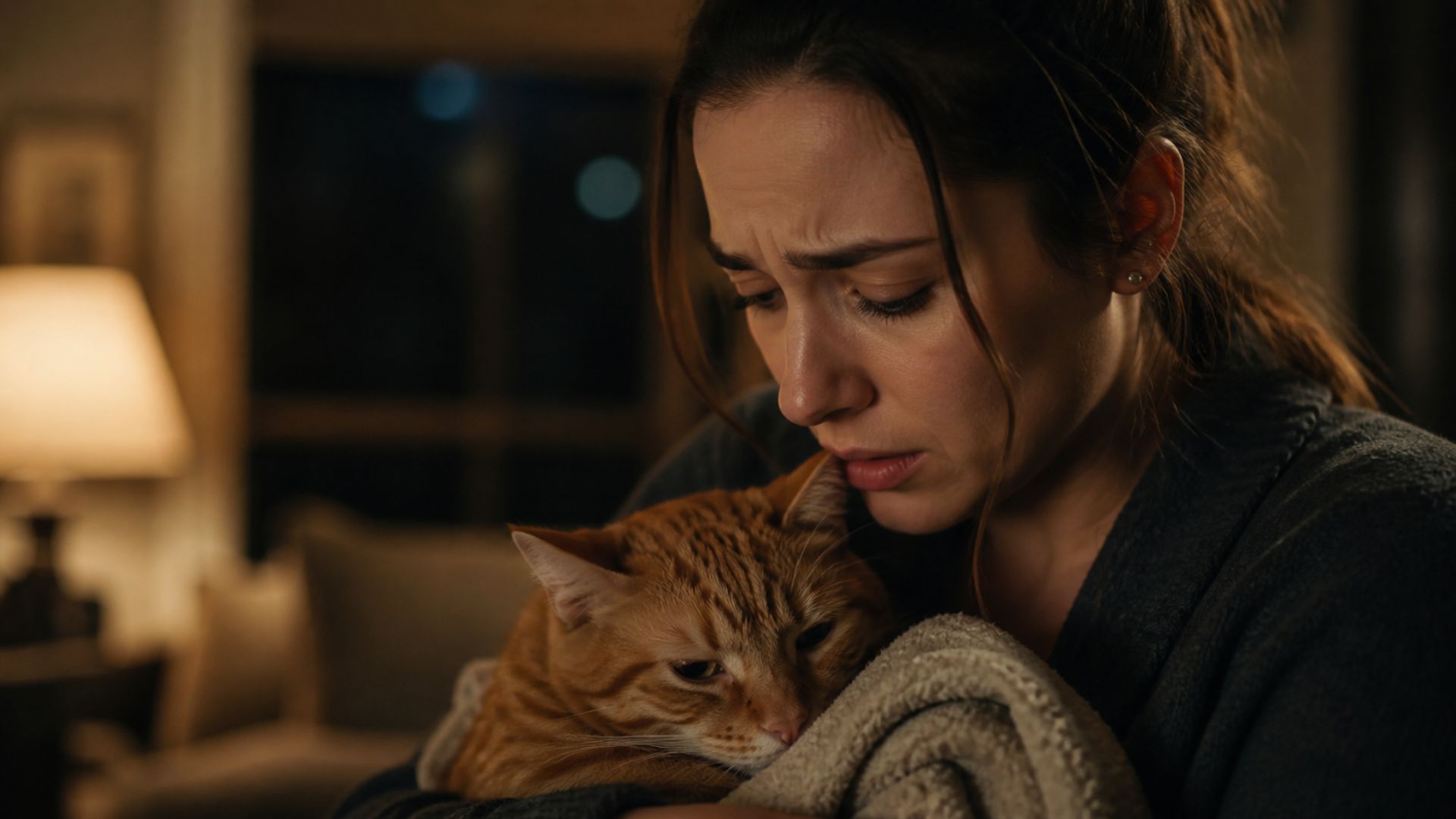 A concerned woman holds her sick orange cat in a dimly lit living room at night, anxious about emergency vet fees.