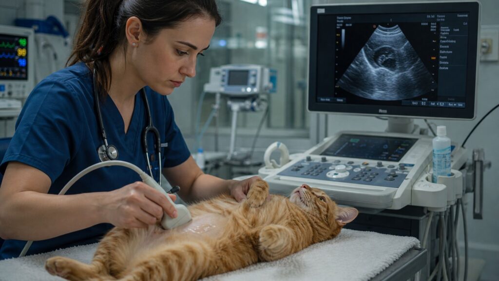 A veterinarian uses an ultrasound machine on an orange cat, demonstrating high-cost specialized emergency equipment.