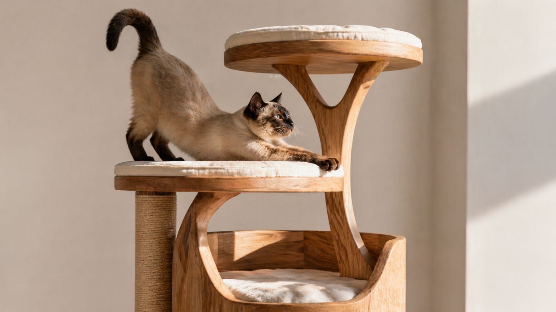 Premium solid oak cat tree with tapered legs in Mid-Century Modern style.