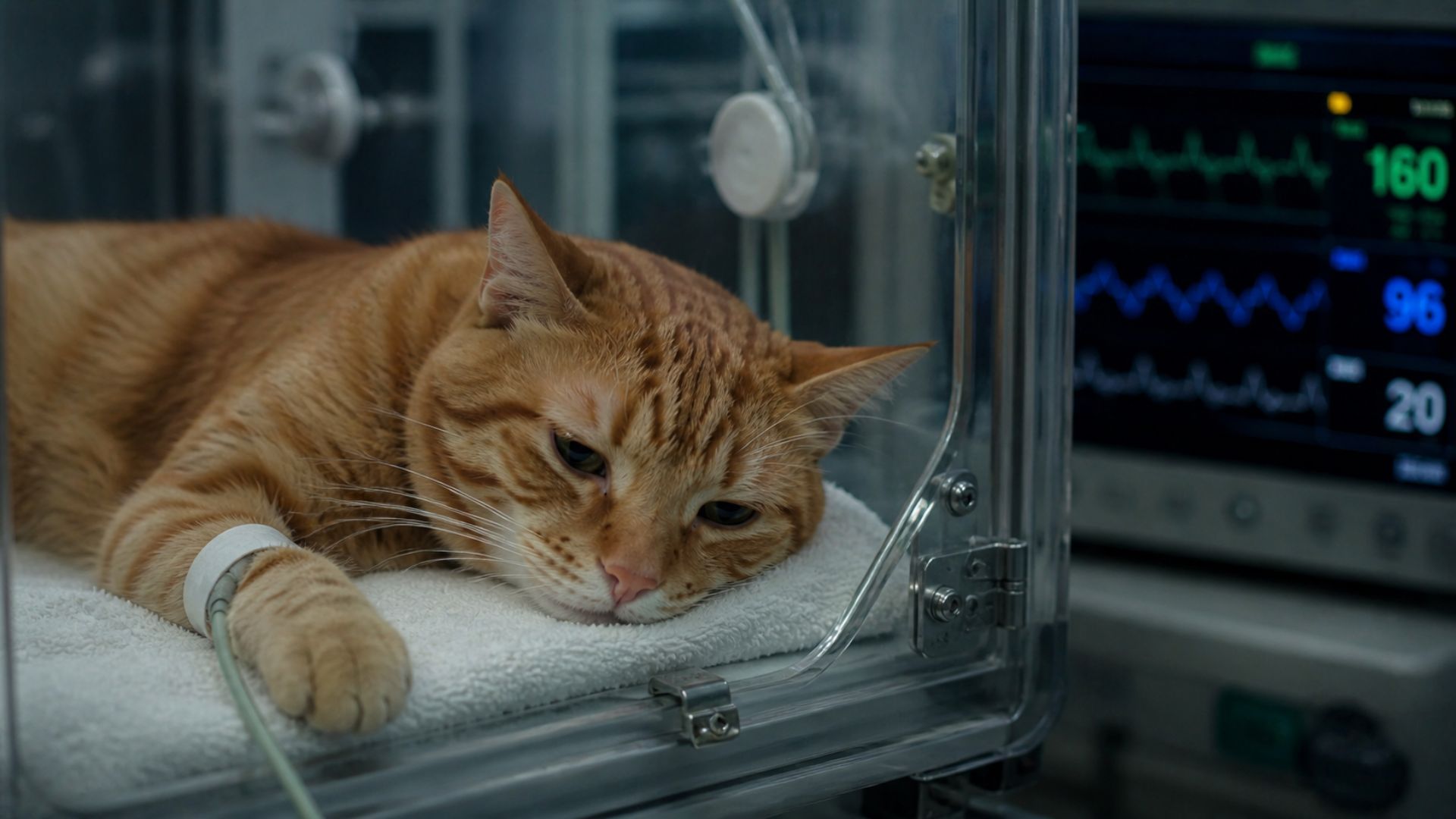 An orange cat in an ICU oxygen cage with monitoring wires, illustrating a life-threatening feline medical emergency like urinary blockage.