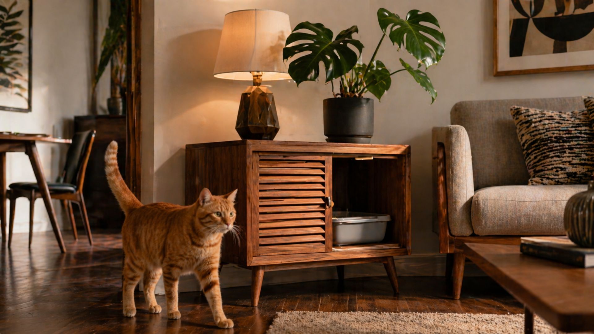 MCM style wooden side table serving as a hidden cat litter box enclosure.