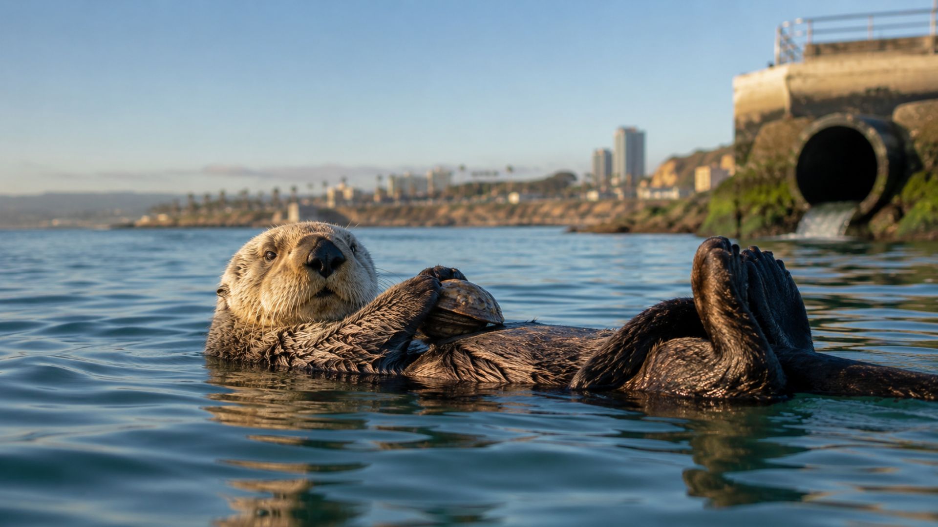 Cat litter ocean pollution - southern sea otter floating in California coastal water