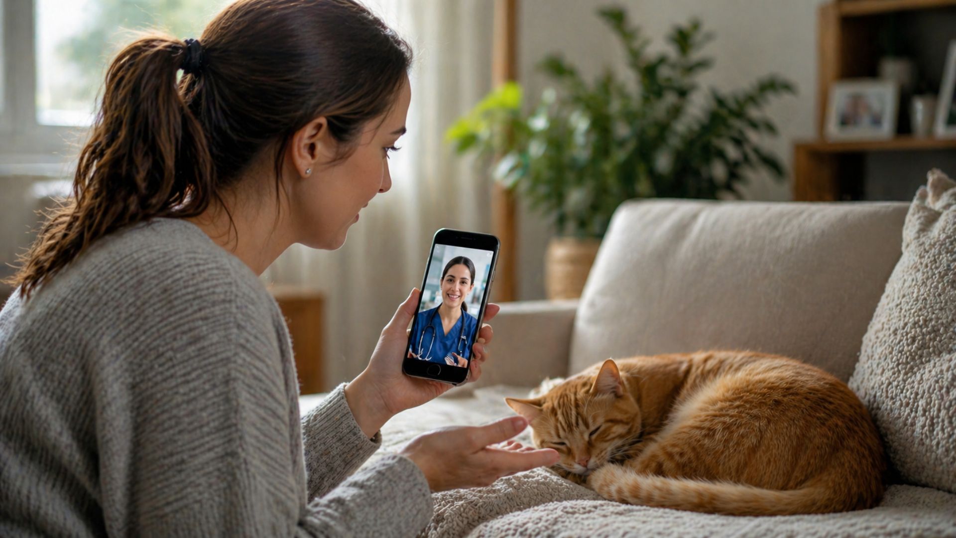 A pet owner uses a smartphone to video consult a vet via a telemedicine app to triage her cat's condition.