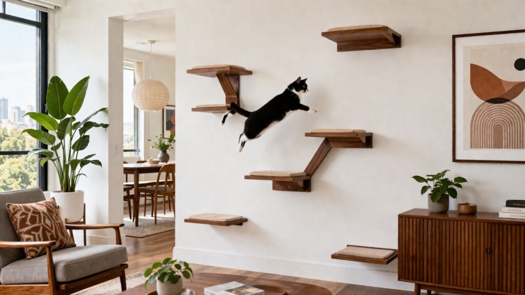 Luxurious Mid-Century Modern living room featuring stylish natural wood cat furniture