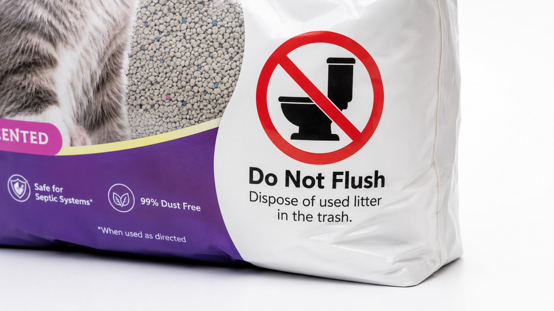 Flushable cat litter warning label - California AB 2485 do not flush cat litter packaging