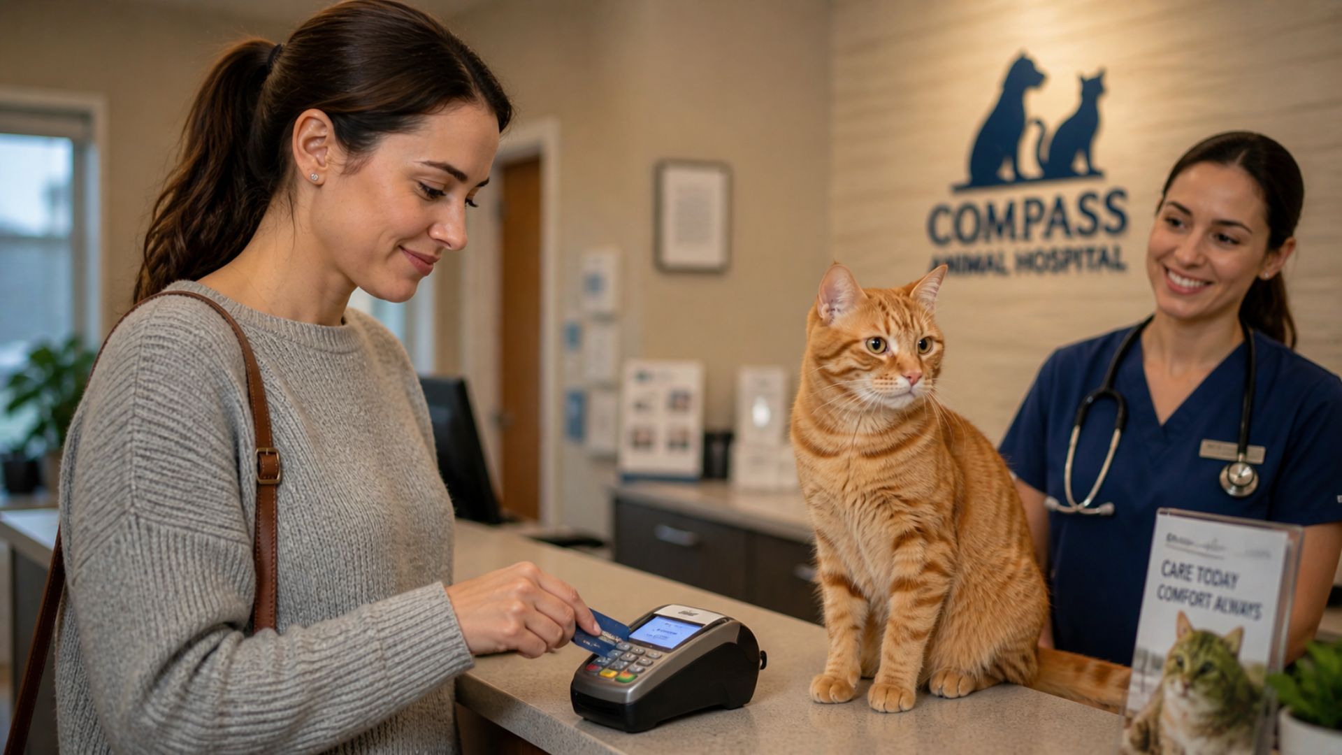 A relieved pet owner smiles while using a payment card to pay a vet bill as her healthy orange cat sits nearby.