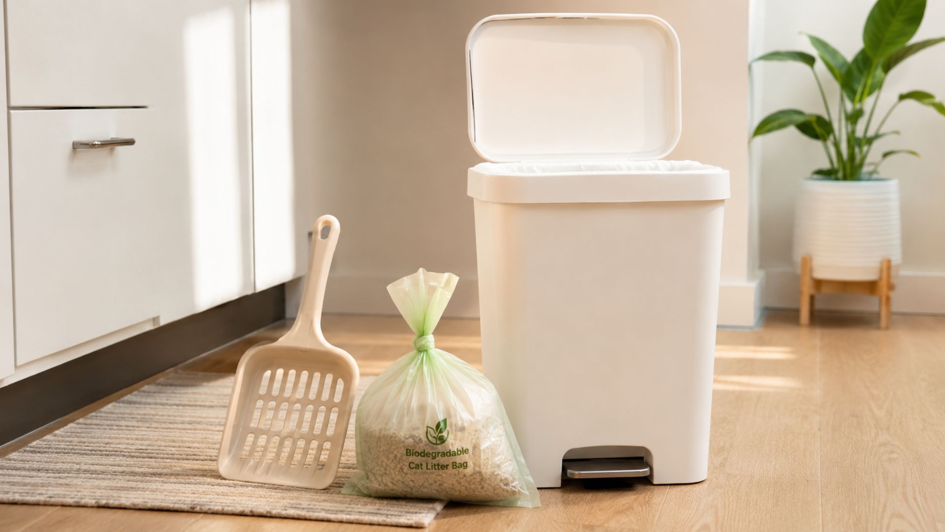 How to dispose of cat litter safely - biodegradable bag and litter scoop next to trash bin